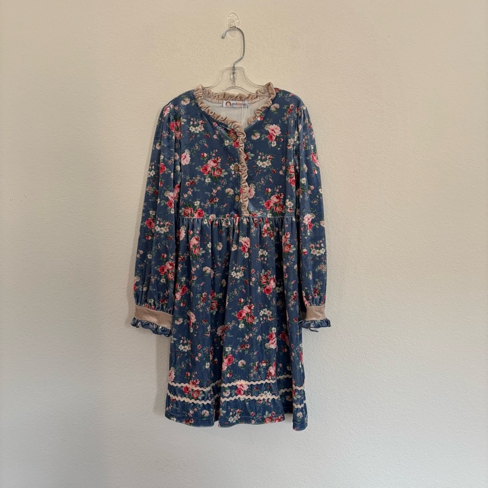 Okie and Lou Kids Girl Floral Velour Long Sleeve Dress Size 4 XL